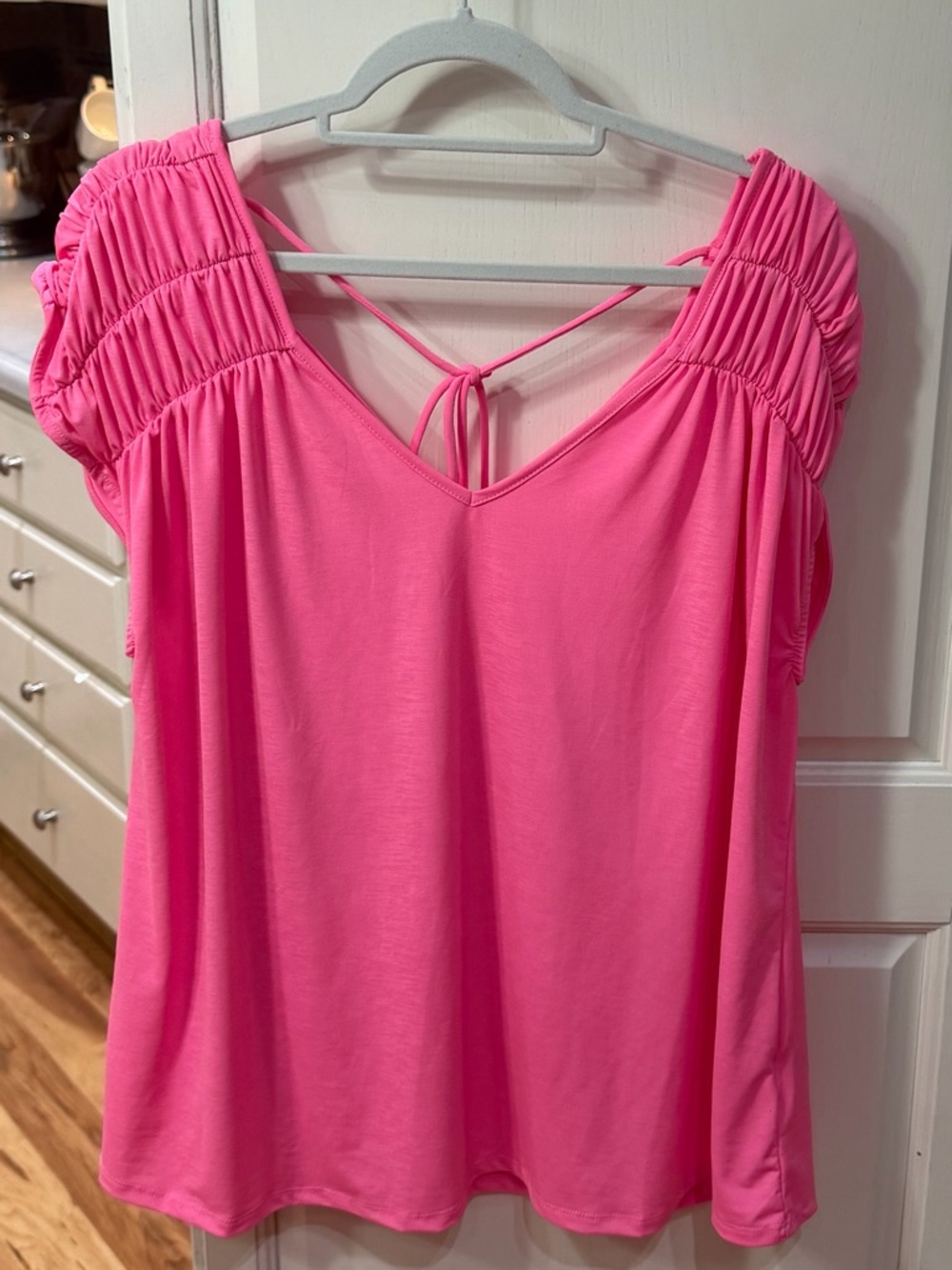 Dear Scarlett Bright Pink V-Neck Smocked Sleeve Tie-Back Blouse